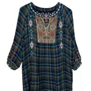 Johnny Was Blue and Brown Embellished Tunic